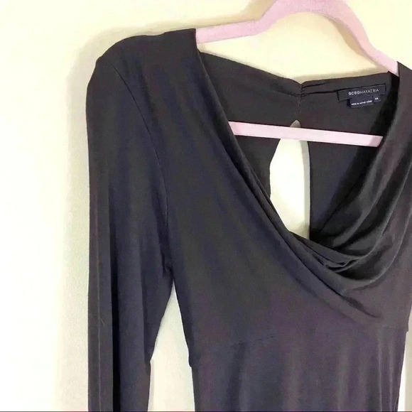 BCBGMaxAzria Dark Brown Rayon Drapey Sequined Long Sleeve Top - Picture 2 of 12